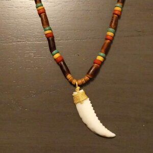 Spirit Animal Tooth Necklace with Colorful Wood Chain ... Handcrafted